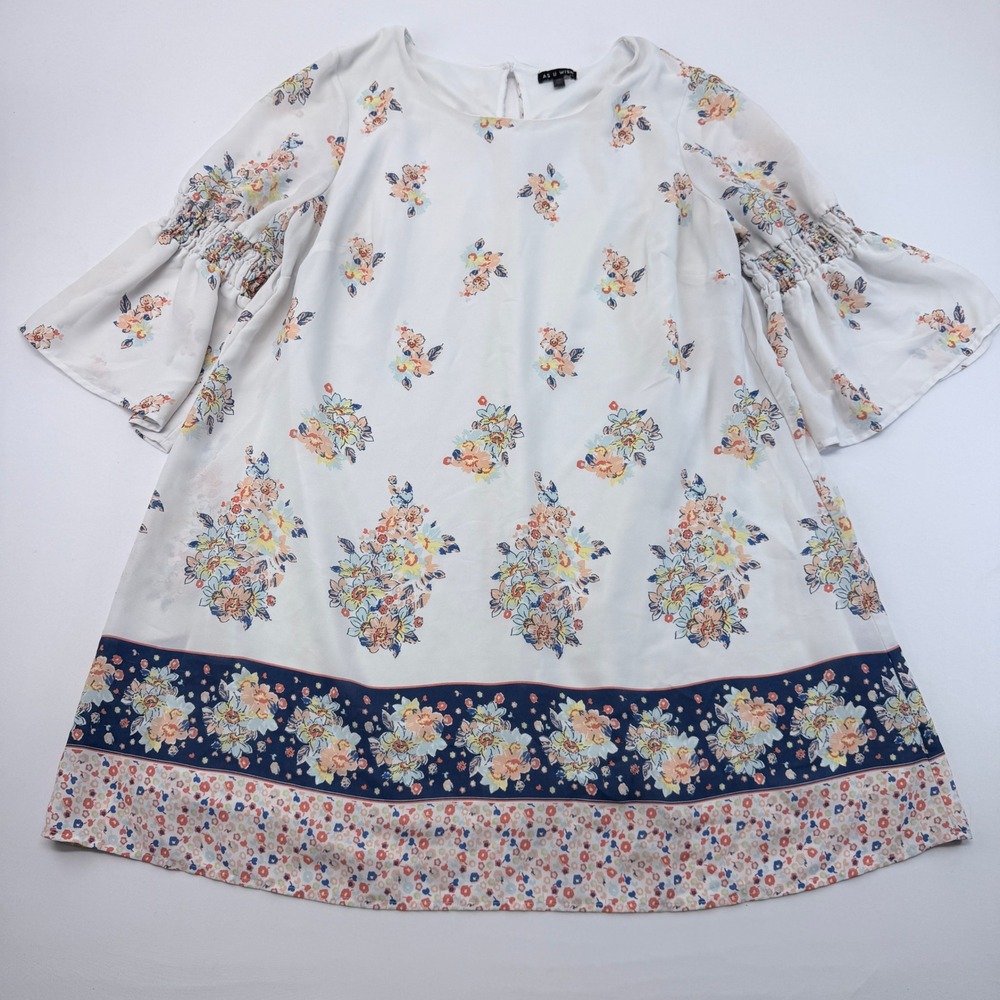 As U Wish Floral Bell Sleeve Mini Dress Plus Size 2X White Multi Smocked Boho